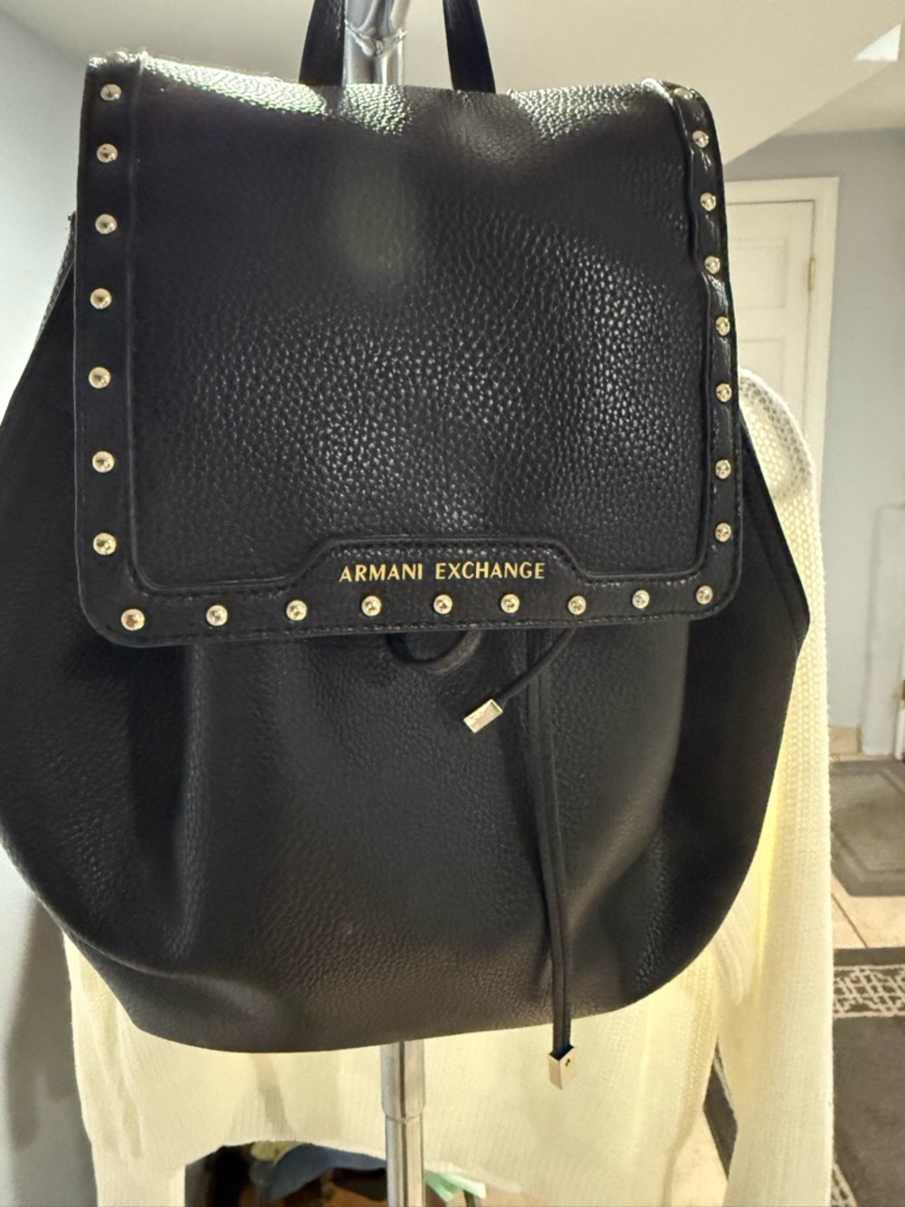 Armani Exchange Black Pebbled Leather Backpack with Gold Accents